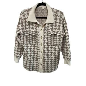 Button‎ Up Houndstooth Cardigan Sweater Long Sleeve Pockets Cream Tan M Granny